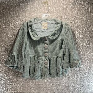 Allihop Anthropologie Jacket Cropped 3/4 Bell Sleeve Button Front Terry Preppy S